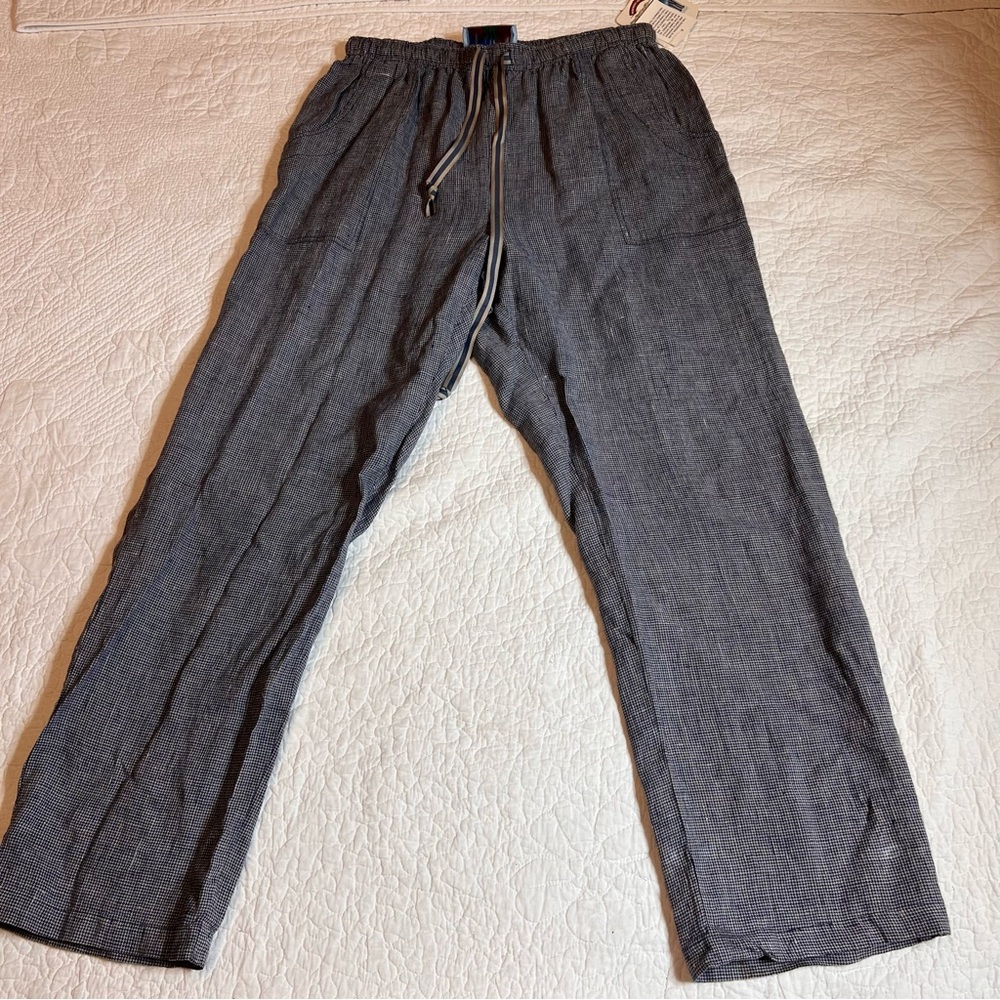 vintage  women’s plaid stretch waist straight leg linen pants w/ pockets comfy